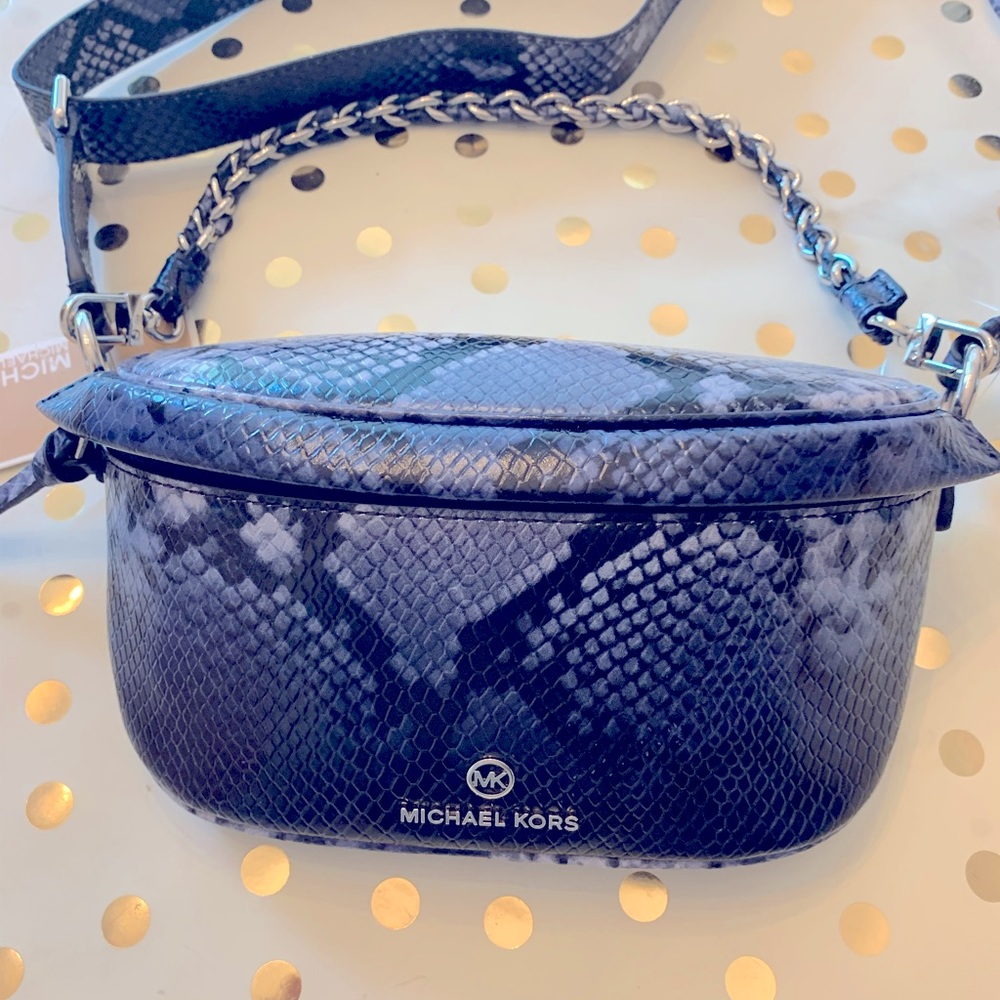 Micheal Kors leather snakeskin cross. In denim blue.